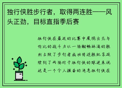 独行侠胜步行者，取得两连胜——风头正劲，目标直指季后赛